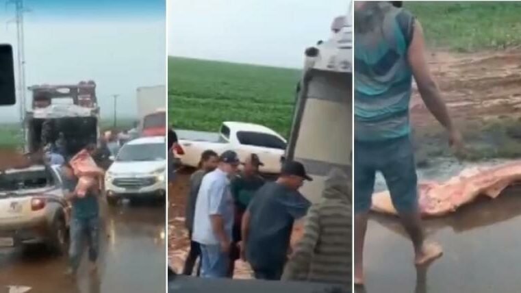 Caminhão com carga de carne tomba e moradores fazem ‘limpa’