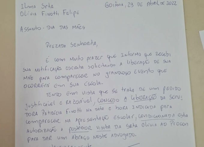 Filha pede em carta que chefe libere a mãe para evento na escola