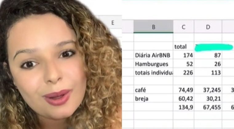 Mulher recebe planilha de Excel com cobrança de gastos do primeiro encontro