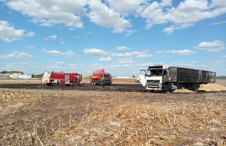 Veículo de carga pega fogo em plantação de milho em fazenda em Sinop