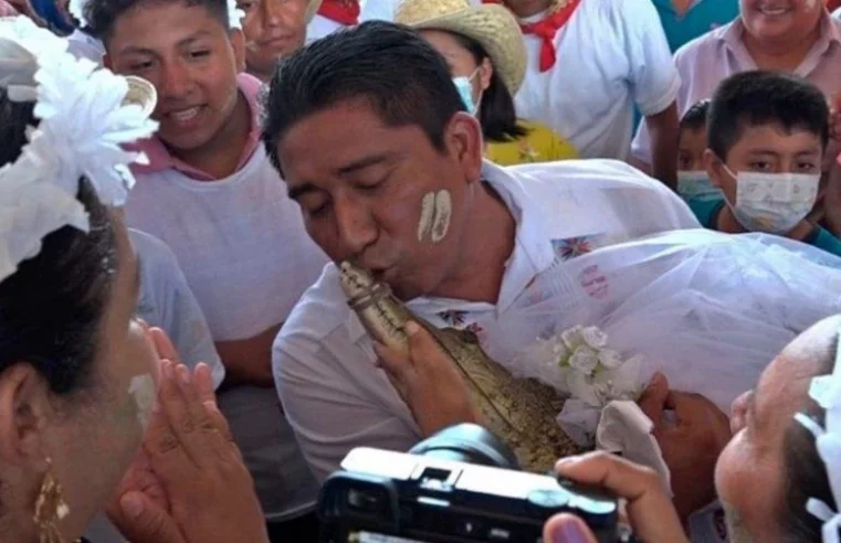 Prefeito se casa com jacaré vestido de noiva e sela união com beijo no México
