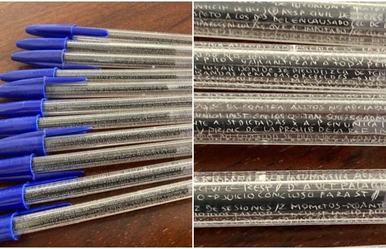 Aluno escreve cola microscópica em canetas, é pego e professora compartilha ‘arte’ nas redes