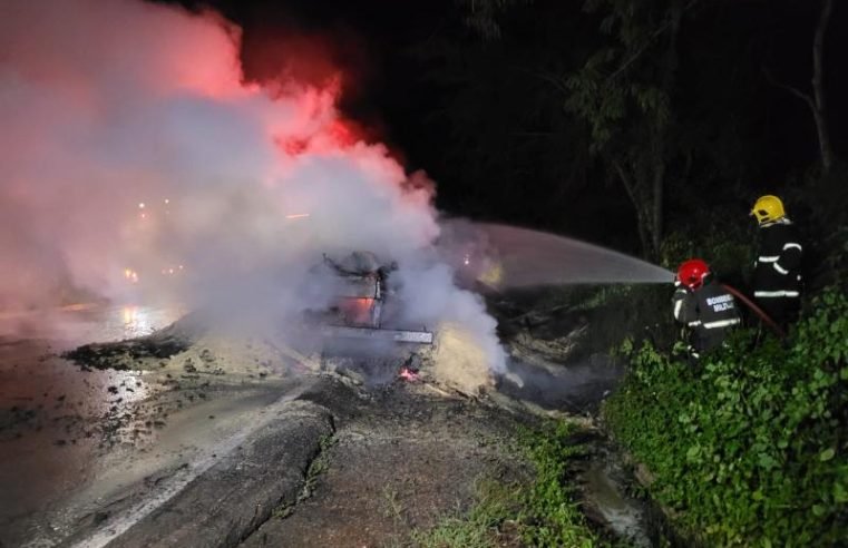 Caminhão com farelo de milho tomba e pega fogo na BR-364