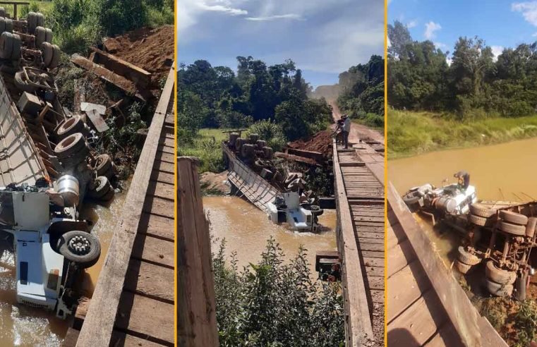 Carreta carregada com 40 mil quilos de soja cai em rio na MT-325
